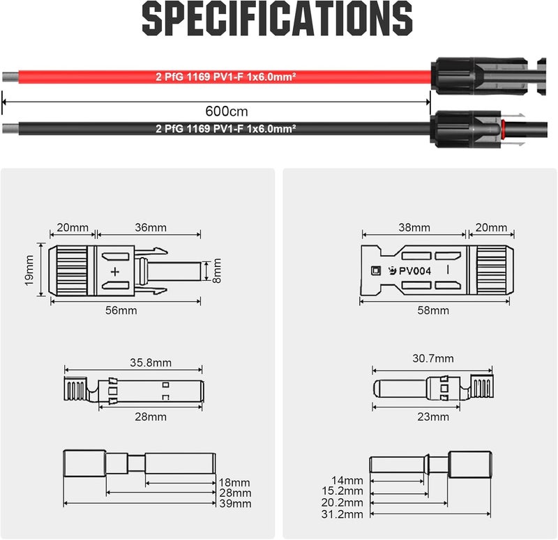 ECO-WORTHY 20FT 10AWG Solar Extension Cable 30A/1000V DC, IP67 Waterproof with Compatible Quick Connectors (Red+Black) for Solar Panels, Controllers, Off-Grid Systems - Image 3